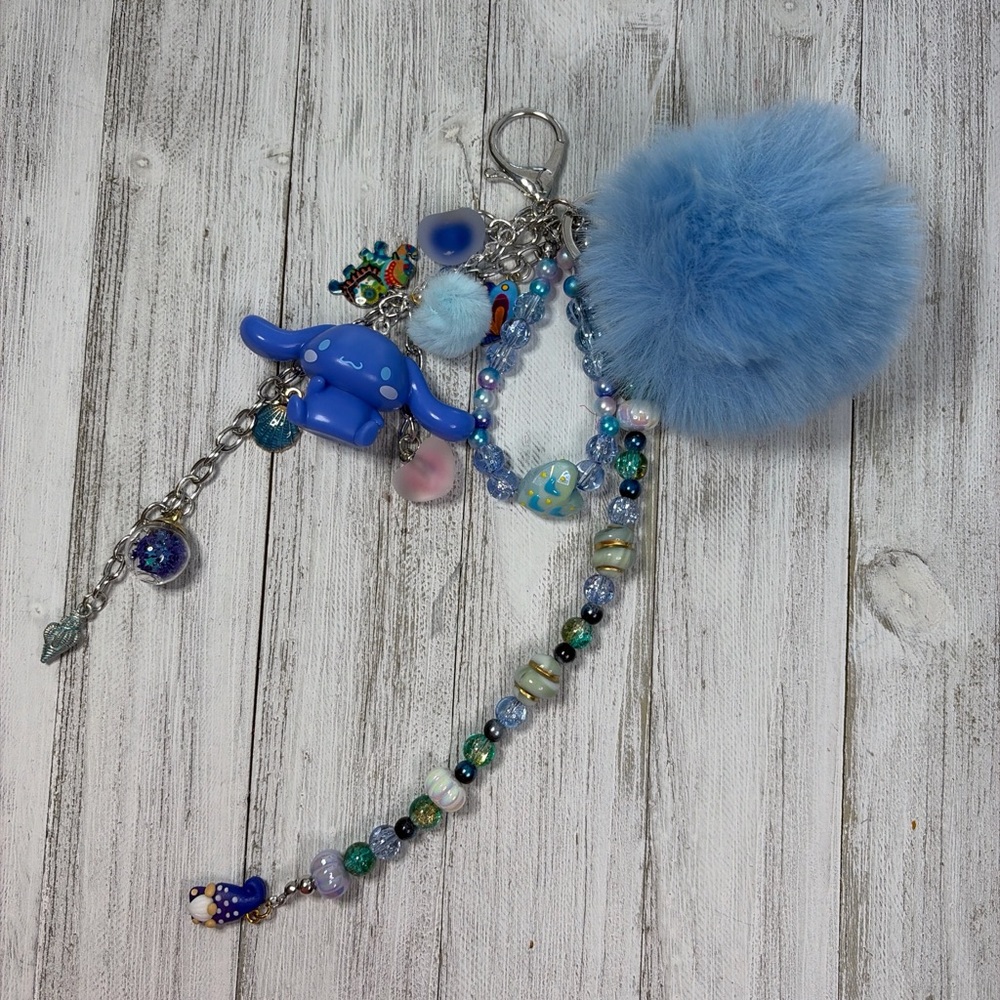 Blue Pom Pom Keychain with Beaded Charms